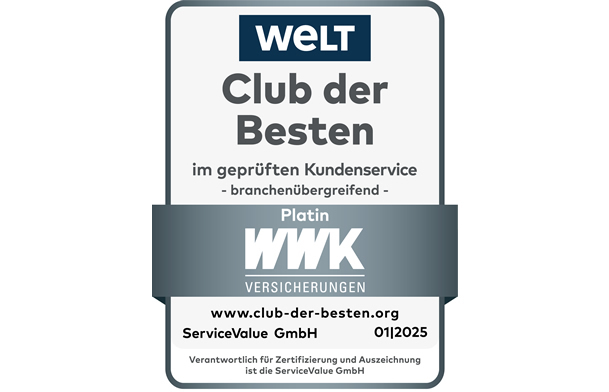 Ratingsiegel der Zeitung die Welt, die WWK gewinnt Platin im Club der Besten für ihren Kundenservice