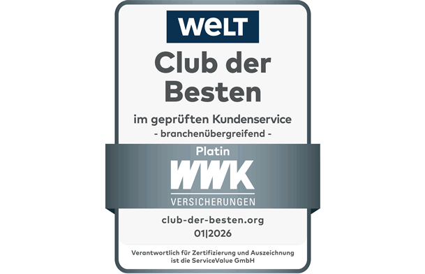 Ratingsiegel der Zeitung die Welt, die WWK gewinnt Platin im Club der Besten für ihren Kundenservice